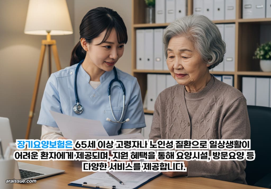 고령 여성이 건강보험공단의 장기요양보험 제도에 대해 의료진과 상담하며, 요양 등급을 신청하는 장면으로, 치매와 같은 노인성 질환에 대한 지원을 받는 과정입니다.