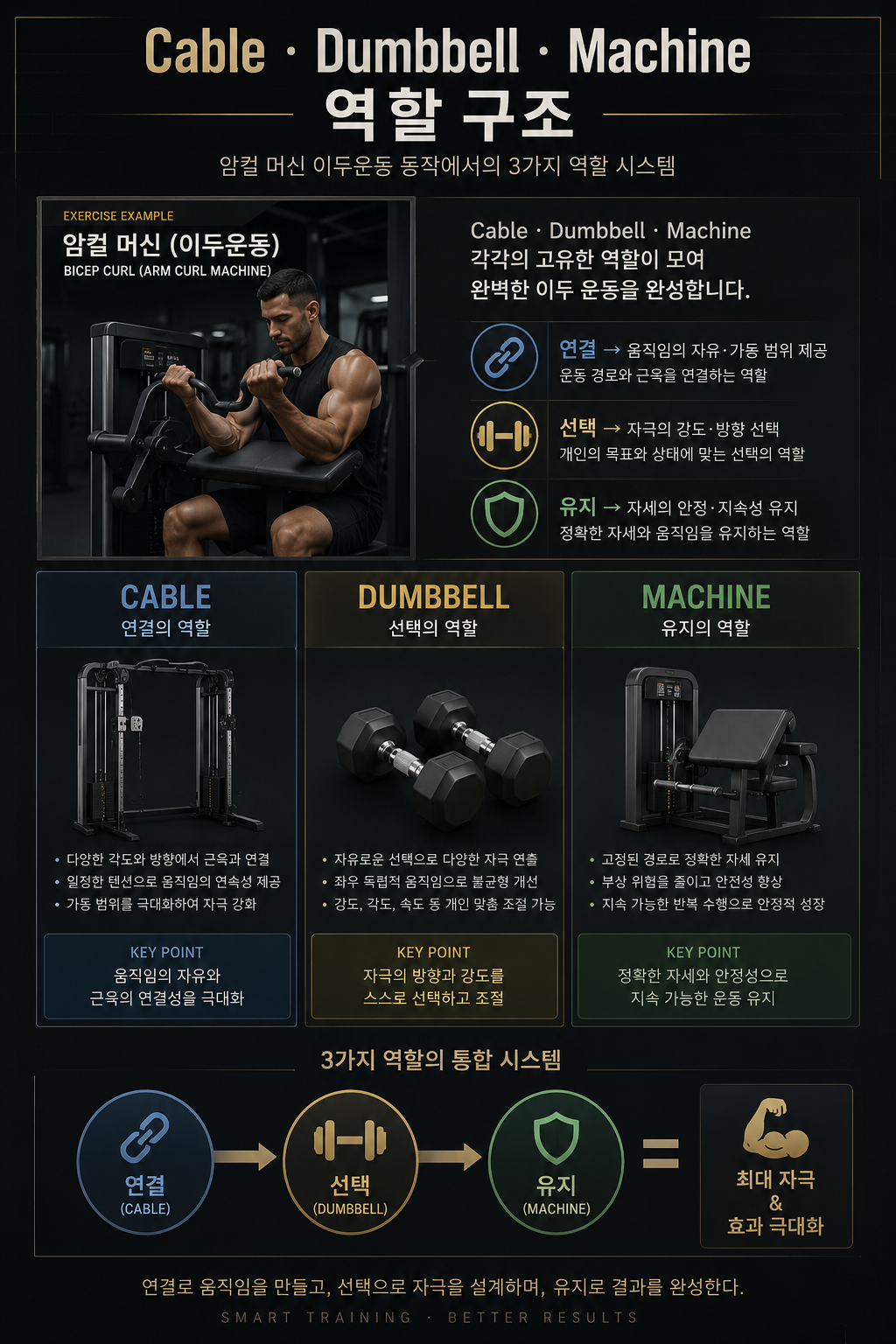 Cable &middot; Dumbbell &middot; Machine 역할 구조