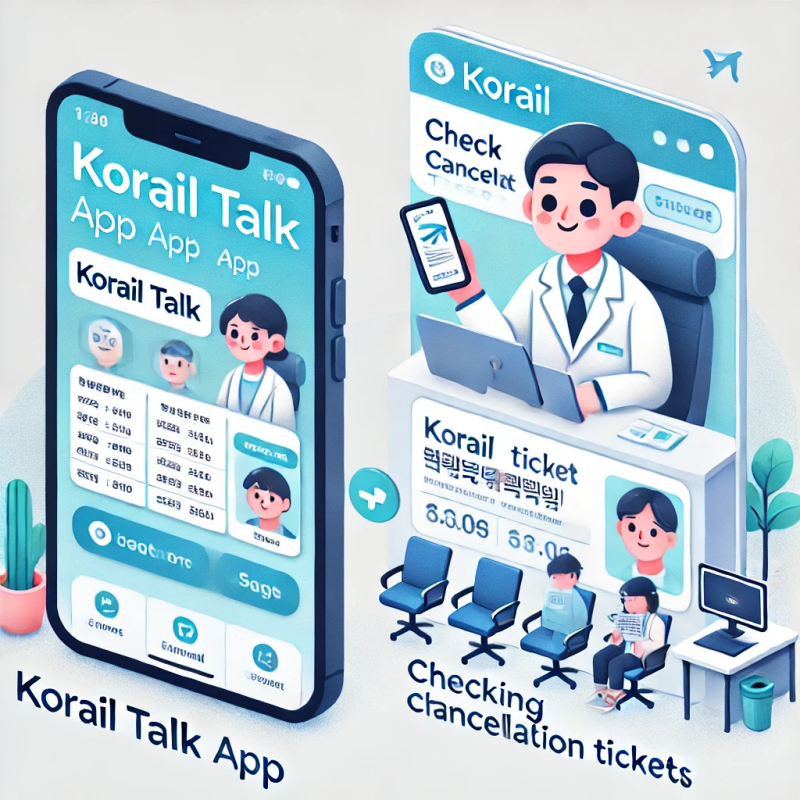 코레일톡 앱과 코레일 홈페이지를 나란히 보여주며 KTX 취소표 확인 과정을 강조한 일러스트