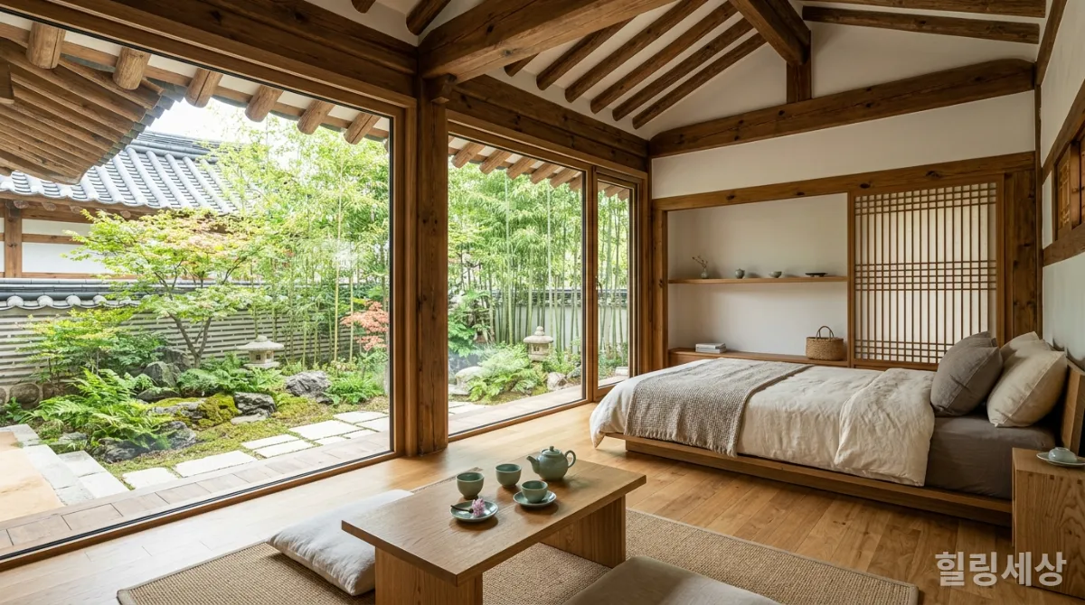 미니멀리즘과 자연 친화적 디자인이 돋보이는 현대 한옥 스테이 내부