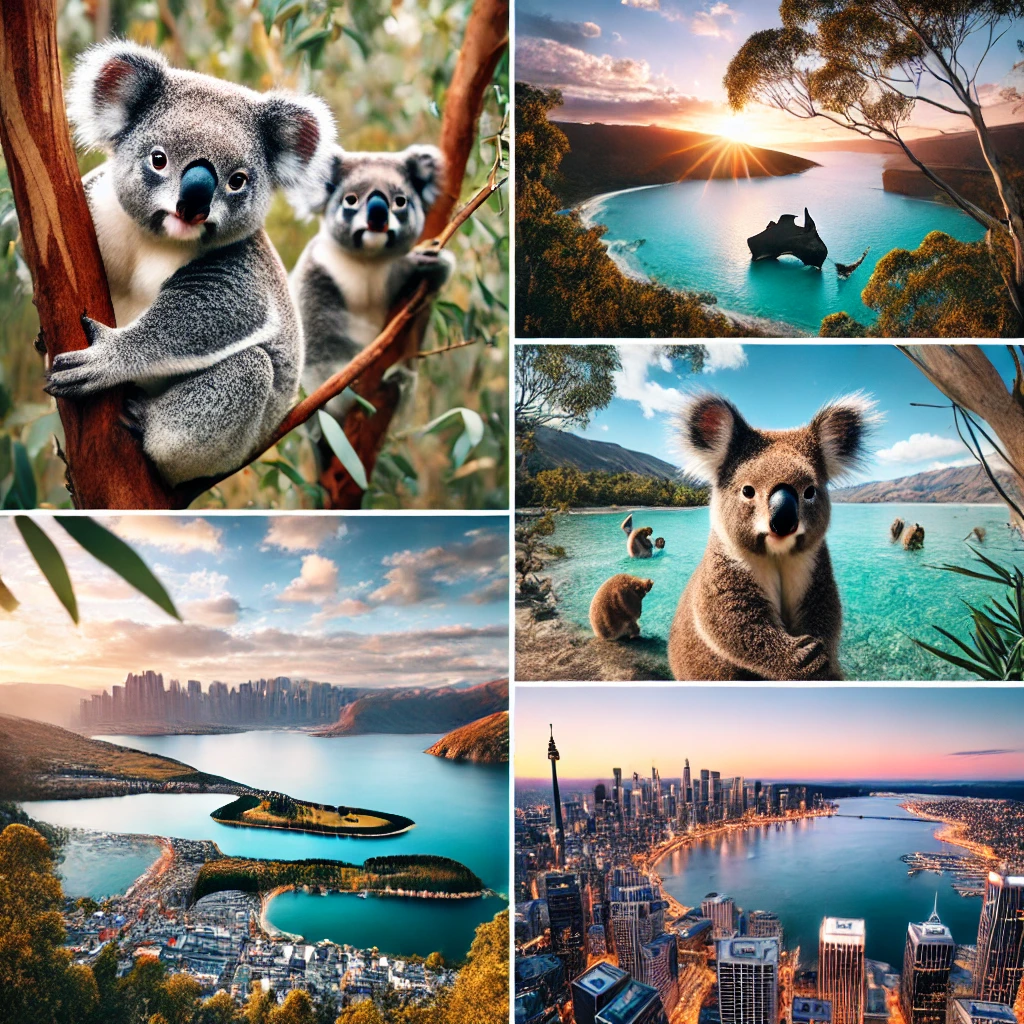 호주와 뉴질랜드, 유칼립투스 나무에 있는 코알라, 해안 절벽, 퀸스타운 호수, 석양에 비친 시드니 스카이라인 등 자연과 도시가 어우러진 풍경 이미지
