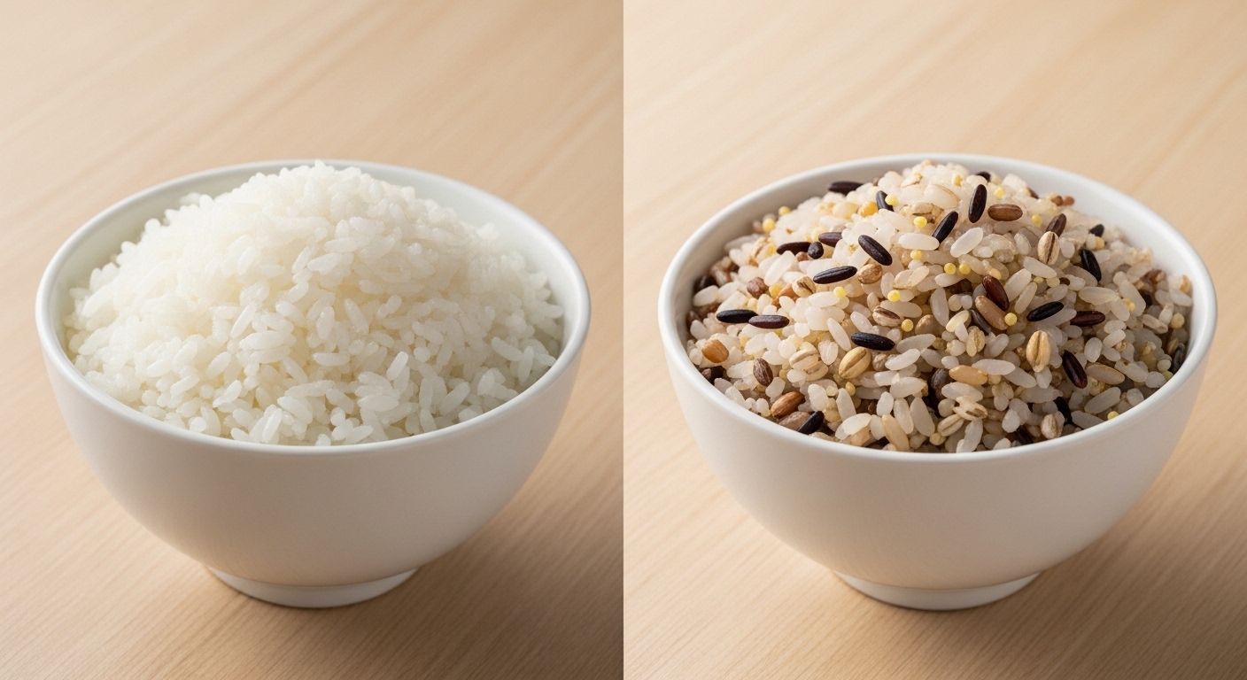 백미와 혈당 조절에 좋은 다양한 잡곡이 섞인 잡곡밥을 비교하는 이미지.