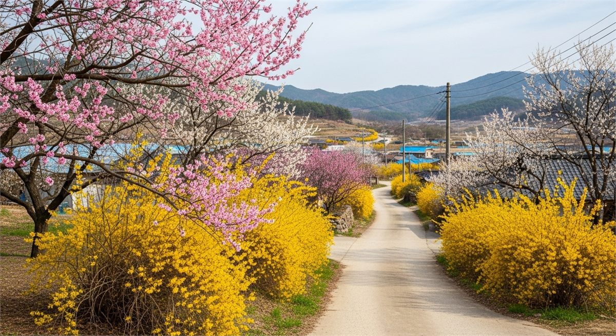 개나리와 산수유가 함께 보이는 한국 시골길 봄 풍경