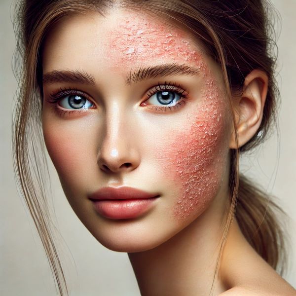 피부 장벽이 손상되어 붉은 기와 각질, 트러블이 나타난 여성의 얼굴 클로즈업 이미지.