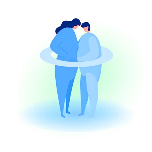 B형 간염 성접촉 감염 예방을 위한 콘돔 사용을 상징하는 두 사람과 콘돔 아이콘 플랫 벡터 일러스트