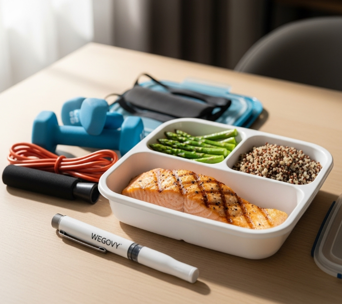 위고비 주사펜, 식단 관리 식사, 운동 기구가 함께 놓여 있는 모습. 약물 치료와 병행하는 올바른 생활 습관의 중요성을 시각적으로 보여준다
