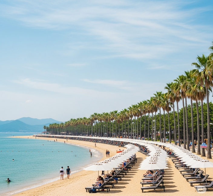 잔잔한 푸른 바다가 펼쳐진 속초 해변의 모습. 해변을 따라 야자수와 하얀 파라솔들이 줄지어 서 있어 이국적인 분위기를 연출한다