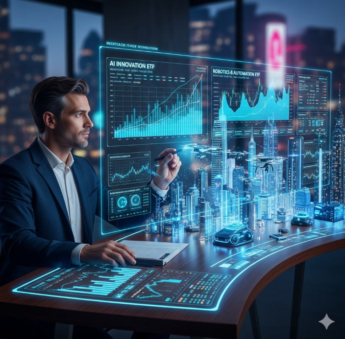 복잡한 차트와 그래프가 표시된 미래형 포트폴리오 대시보드를 보며 AI와 로봇 관련 ETF를 분석하는 투자자의 모습