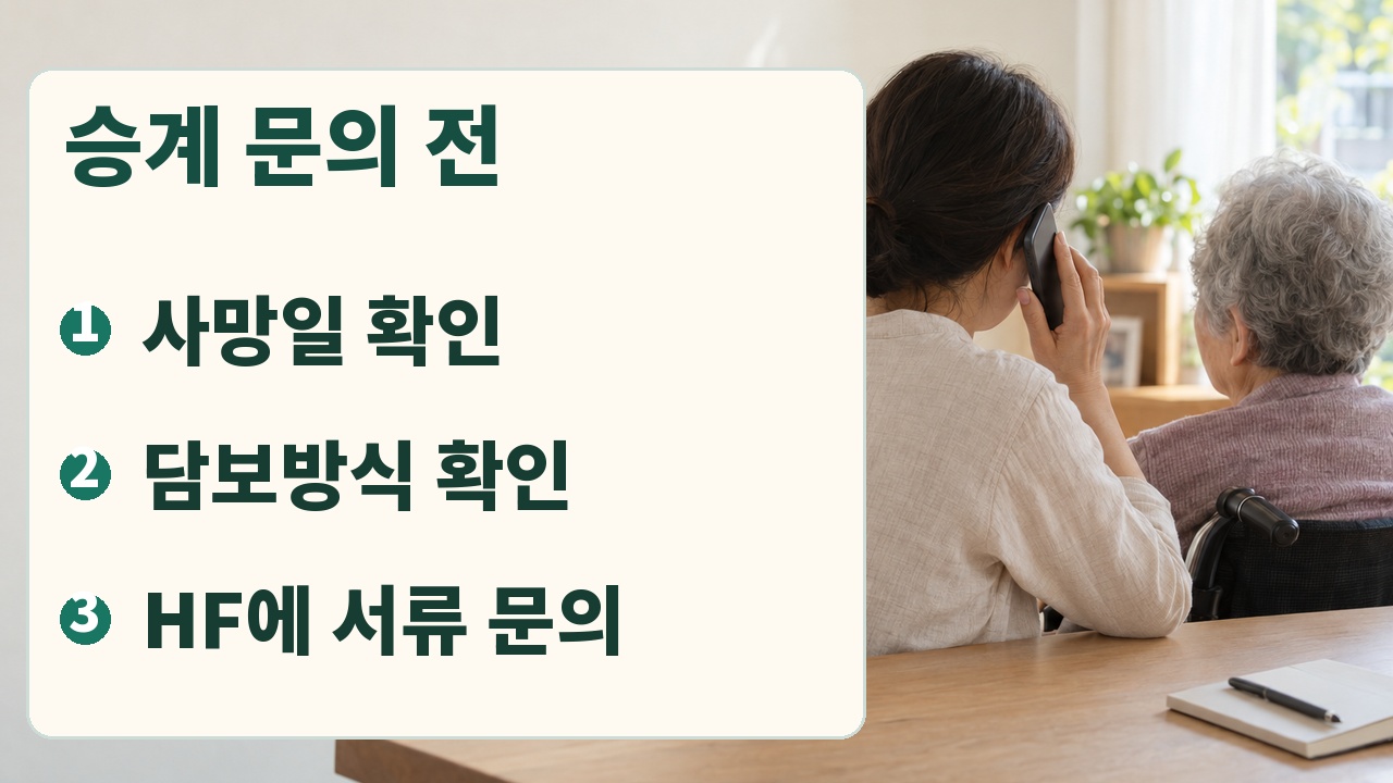 가입자 사망일과 담보방식을 확인한 뒤 HF에 승계 서류와 완료 일정을 문의하는 가족용 실행 메모