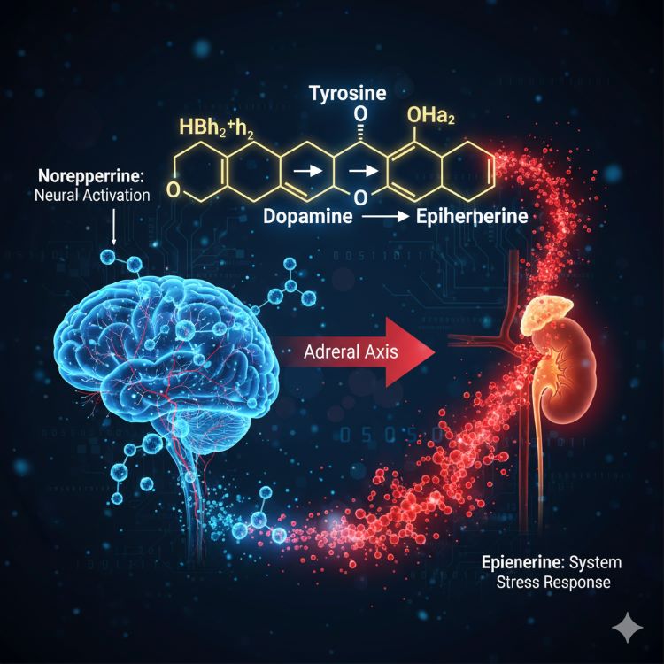 인간의 뇌와 부신이 강조된 의학 일러스트에서 노르에피네프린(푸른 빛)이 뇌 신경망을 활성화시키고, 에피네프린(붉은 빛)이 부신에서 혈류를 타고 전신으로 퍼져나가는 모습. 중앙에는 티로신에서 도파민, 노르에피네프린, 에피네프린으로 변환되는 화학 구조식이 단계별로 표현된 역동적이고 과학적인 인포그래픽