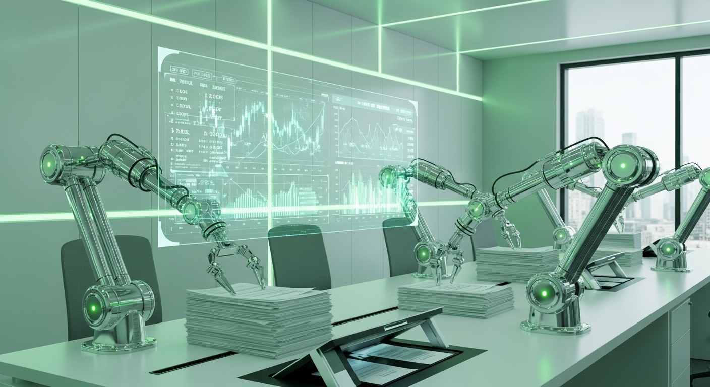 AI 로봇과 자동화 시스템이 복잡한 재무 데이터를 실시간으로 처리하고 분석하는 미래형 오피스 전경