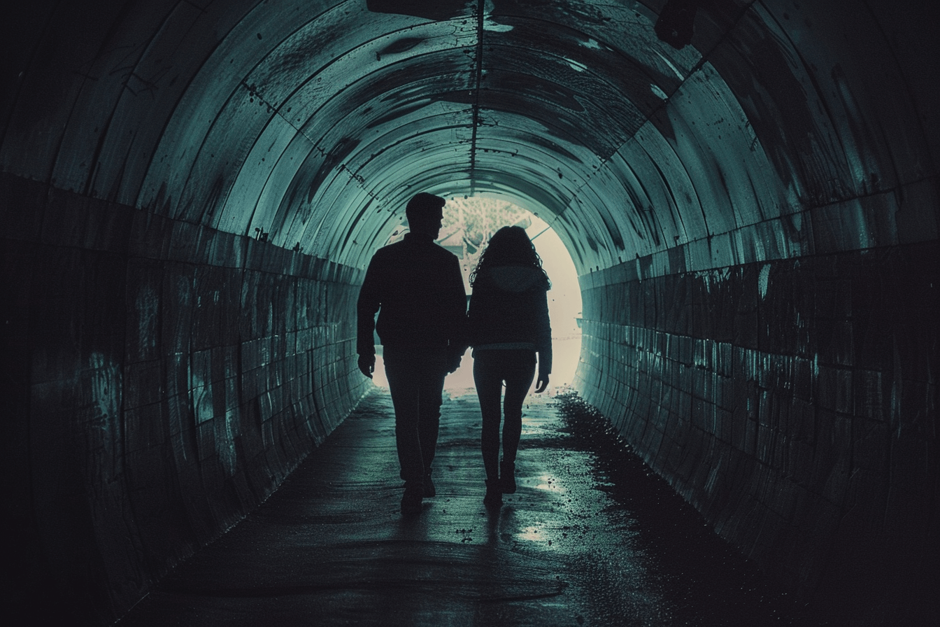 벽으로-둘러-쌓인-터널을-걷는-남성과-여성