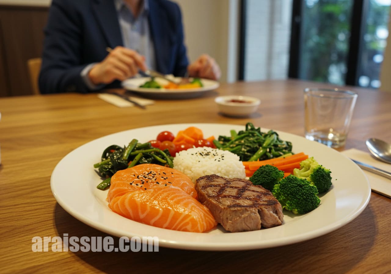 잘 균형 잡힌 식사의 클로즈업, 지속 가능한 다이어트의 핵심 요소인 단백질, 채소, 건강한 지방을 나타냅니다. 서양식 식탁에서 제공되어 건강한 식습관을 강조합니다.