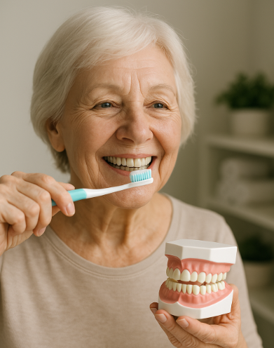 밝은 표정으로 양치하는 할머니