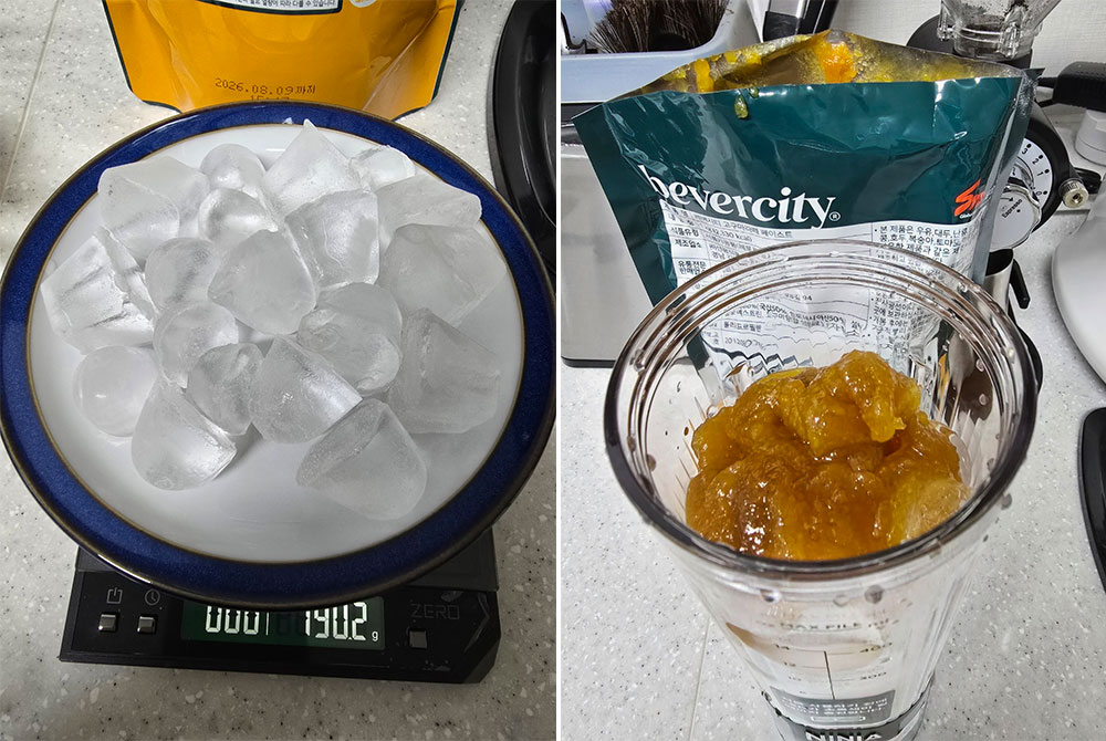 얼음 190g, 우유 130g, 페이스트 119g