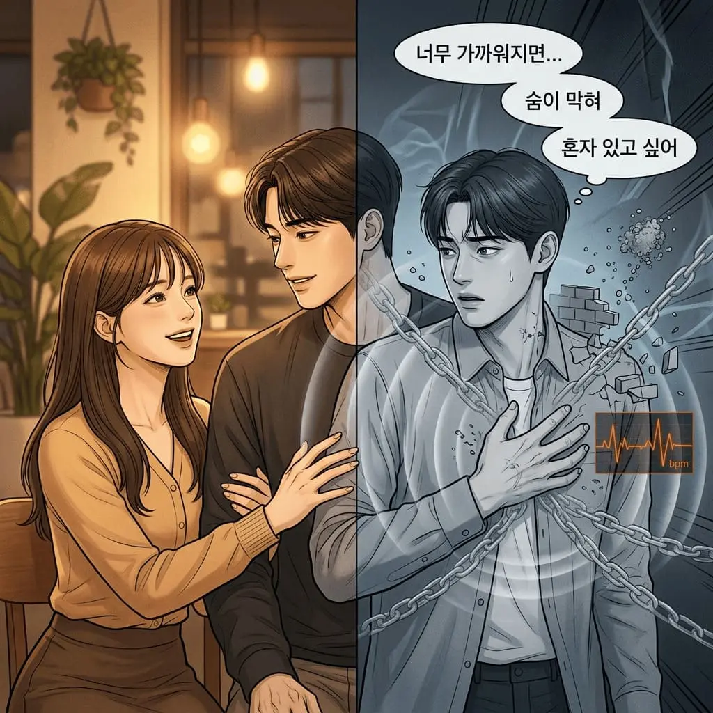 우측에 다정했던 회피형 남자가 가까워질수록 숨 막힘을 느끼며 좌측 회피형 남자가 거리두기(Avoidant Man Distancing) 하는 연애 패턴