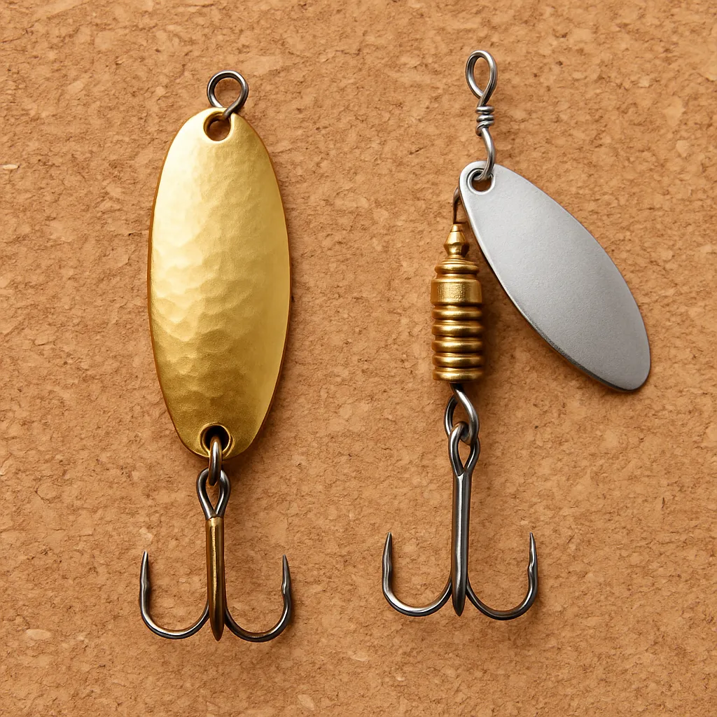 코르크 배경 위에 놓인 스푼 루어와 스피너 루어 클로즈업