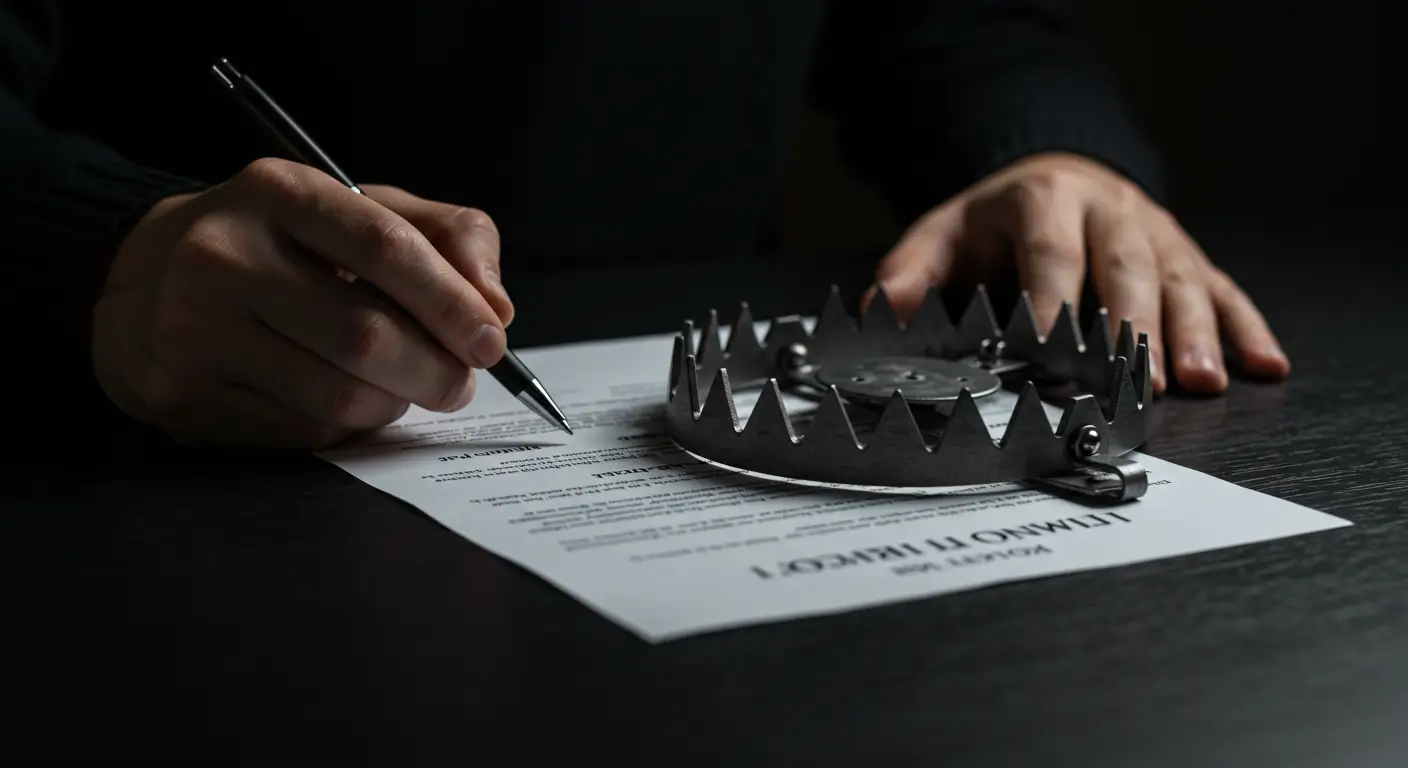 무직자 중고차 전액할부 계약서가 위험한 덫으로 변하는 것을 상징하는 이미지