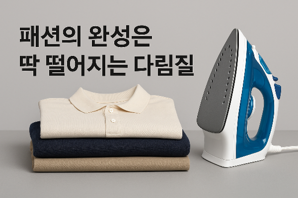 접힌 크림색 피케 셔츠, 네이비 니트, 베이지 바지가 층층이 정돈된 상태로 놓여 있고, 그 옆에 파란색 스팀 다리미가 세워져 있다. 회색 배경 위로 '패션의 완성은 딱 떨어지는 다림질'이라는 문구가 크게 쓰여 있어 다림질의 중요성을 강조하고 있다.