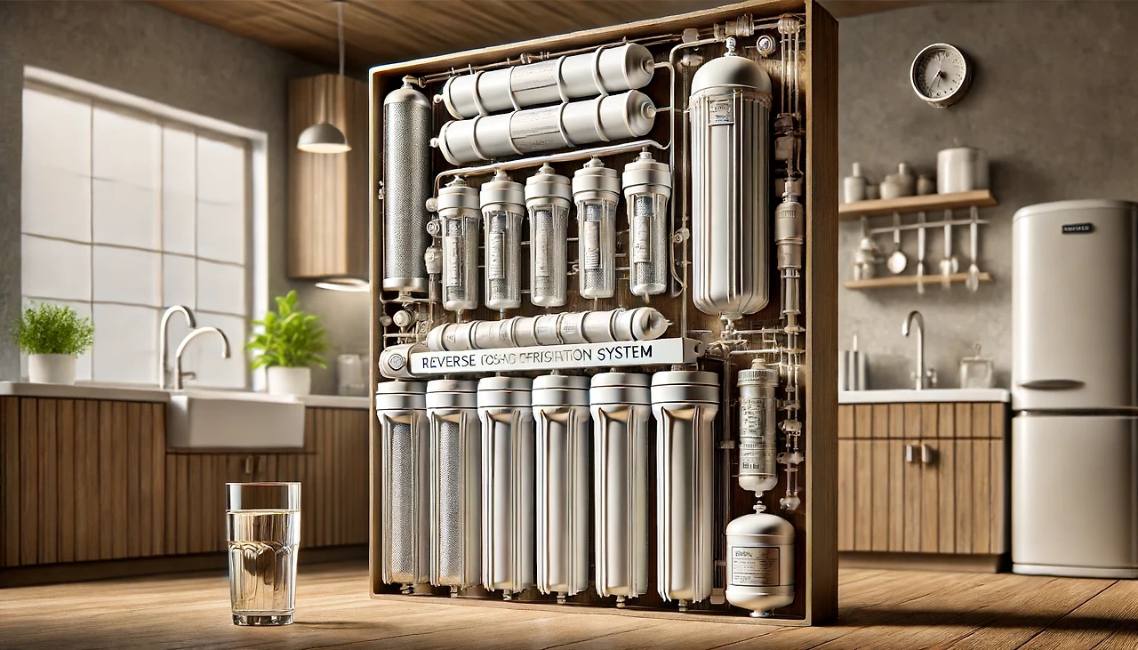 A modern kitchen with 5 recommended reverse osmosis water purifier models lined up for 2024