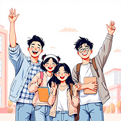 국가장학금 신청을 축하하는 네 명의 대학생 일러스트. 기쁨과 함께 손을 들어 승리의 포즈를 취하는 모습