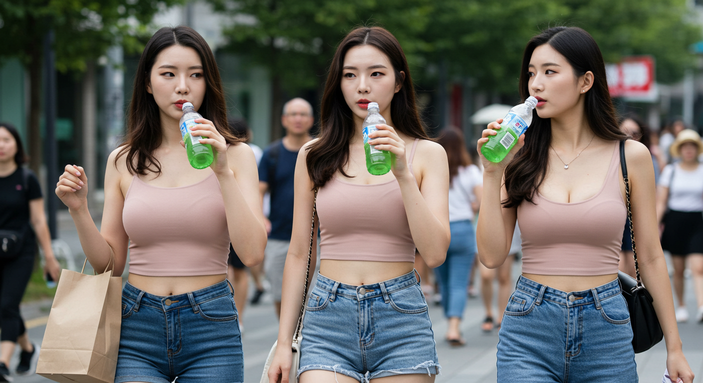 음료를 마시며 걸어가는 세 사람