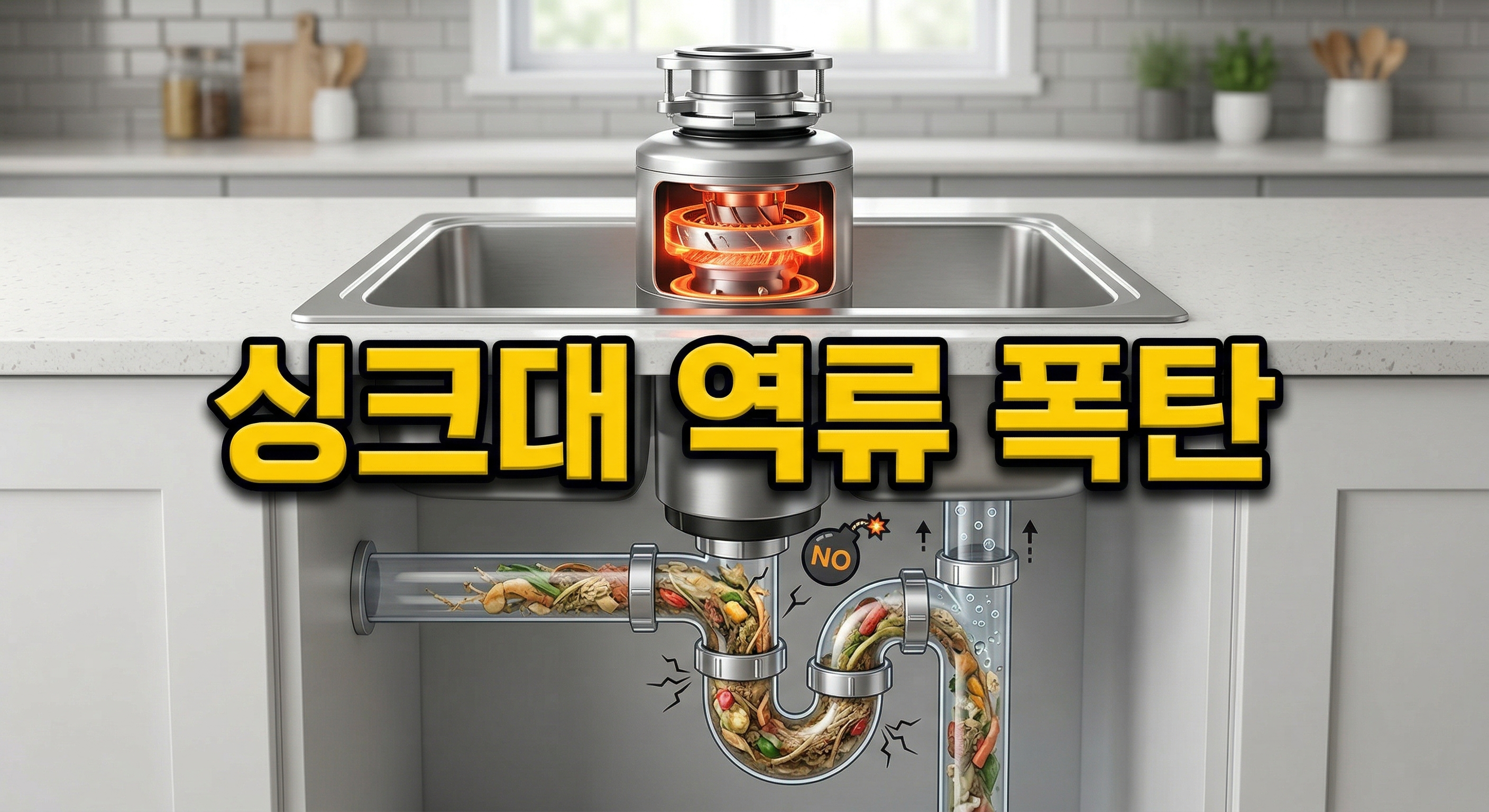 싱크대 아래 배관이 막힌 모습의 주방 배경에 짙은 그림자와 외곽선으로 선명하게 강조된 '싱크대 역류 폭탄'이라는 한글 문구가 중앙에 적힌 3D 일러스트
