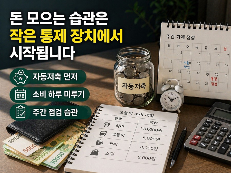 자동저축, 소비 지연, 주간 점검, 비정기 지출 준비를 통해 돈을 모으는 생활 습관을 실천하는 방법을 설명하는 실전 점검표 이미지입니다.