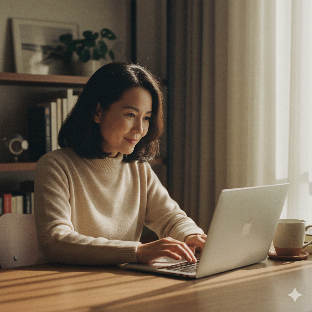 아늑한 공간에서 노트북 앞에 앉아 미소 짓는 지적인 여성