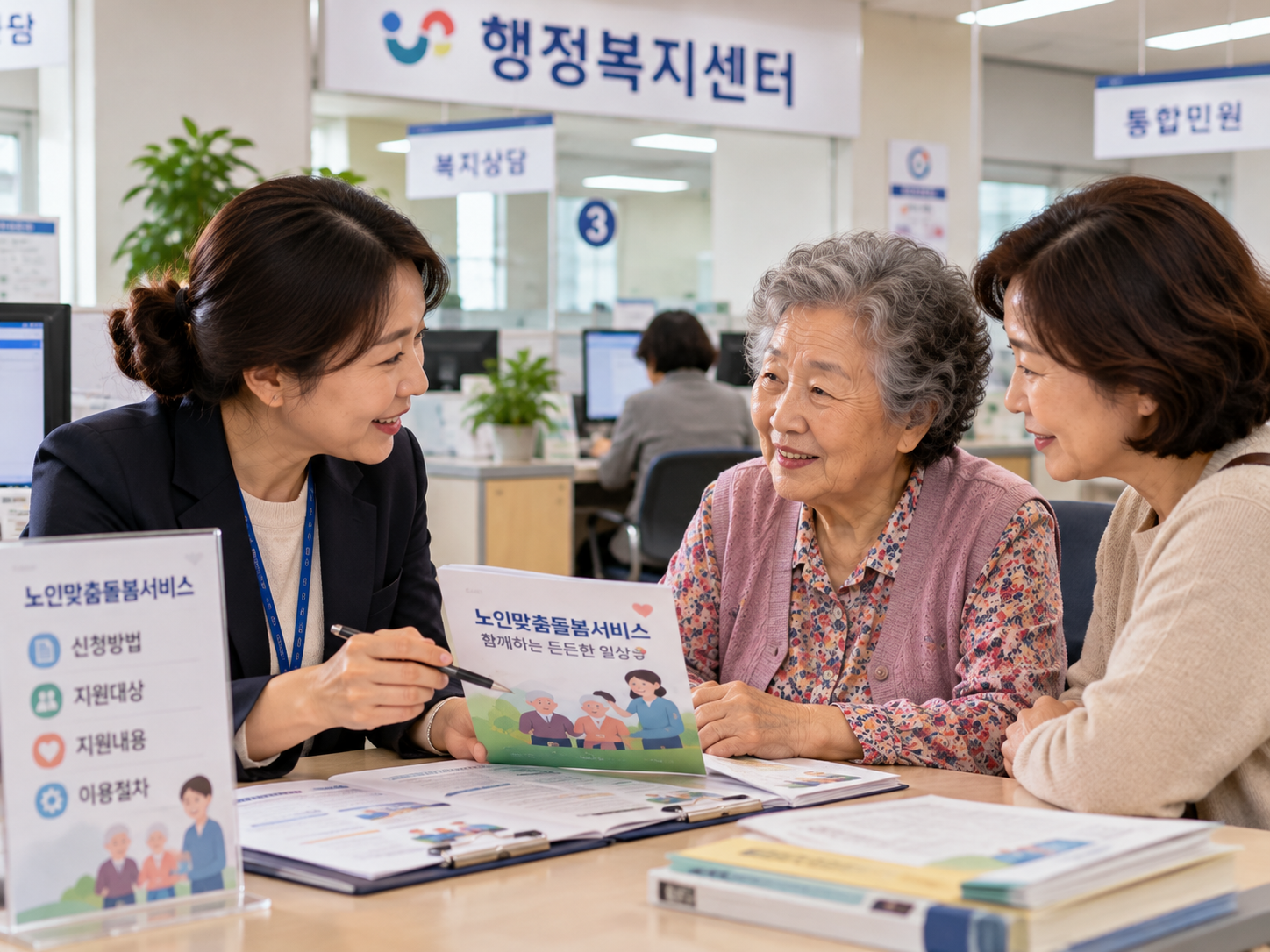 행정복지센터에서 70대 어르신과 가족이 담당 공무원에게 돌봄서비스 신청 상담을 받는 모습