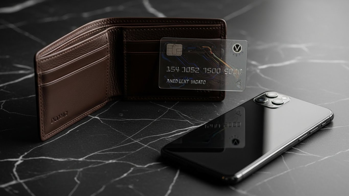 현명한 금융 생활을 상징하는 세련된 지갑과 스마트폰, 체크카드의 정갈한 배치