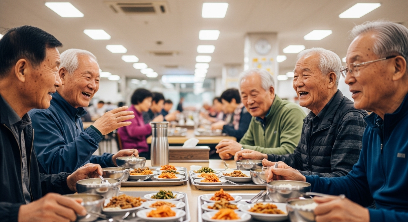 시니어 대학 식당에서 점심을 먹으며 친구들과 대화하는 70대 학생들