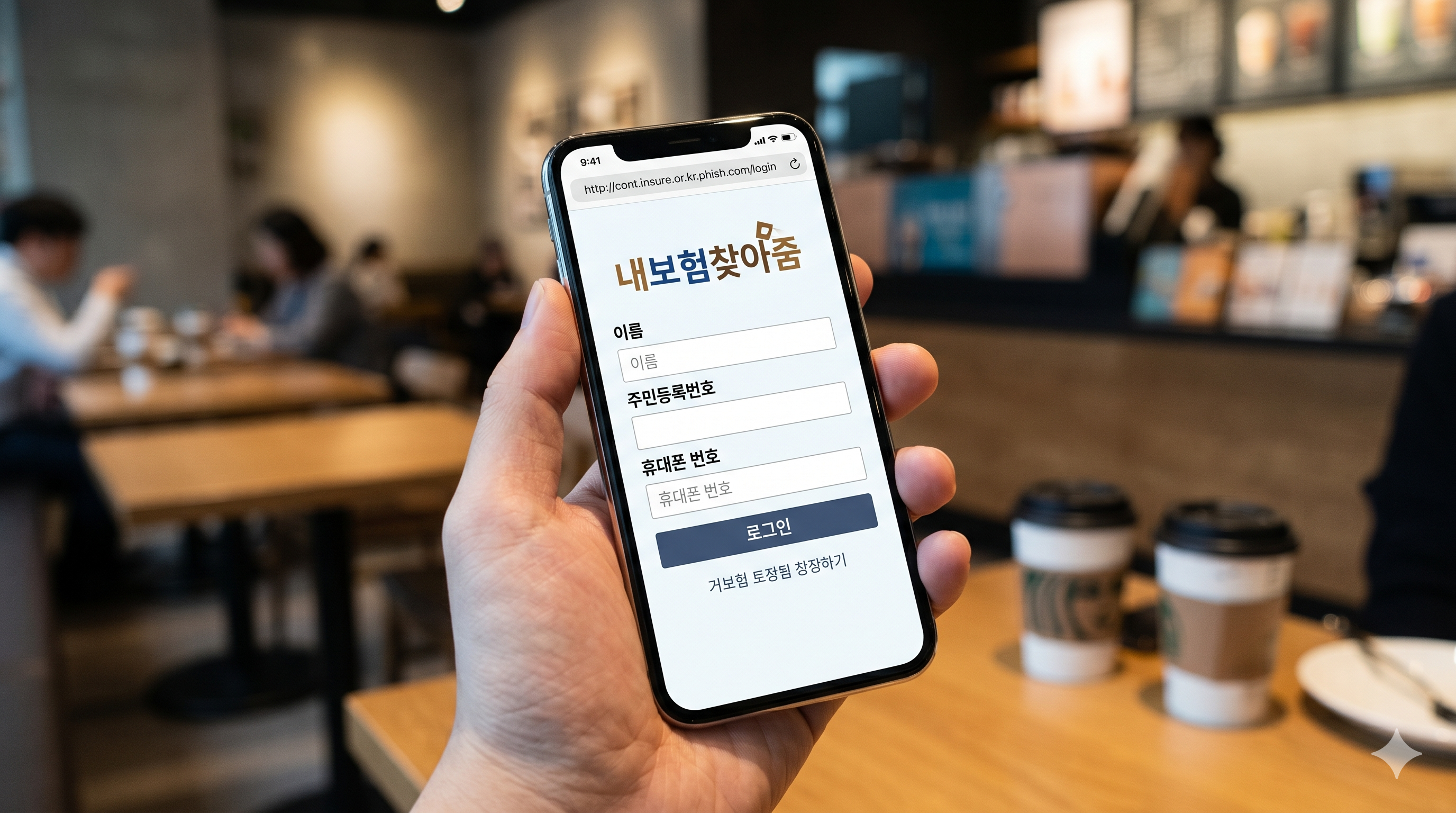 스마트폰 화면에 가짜 '내보험찾아줌' 로그인 페이지가 표시되어 있어 피싱 사기 위험을 경고하는 이미지.