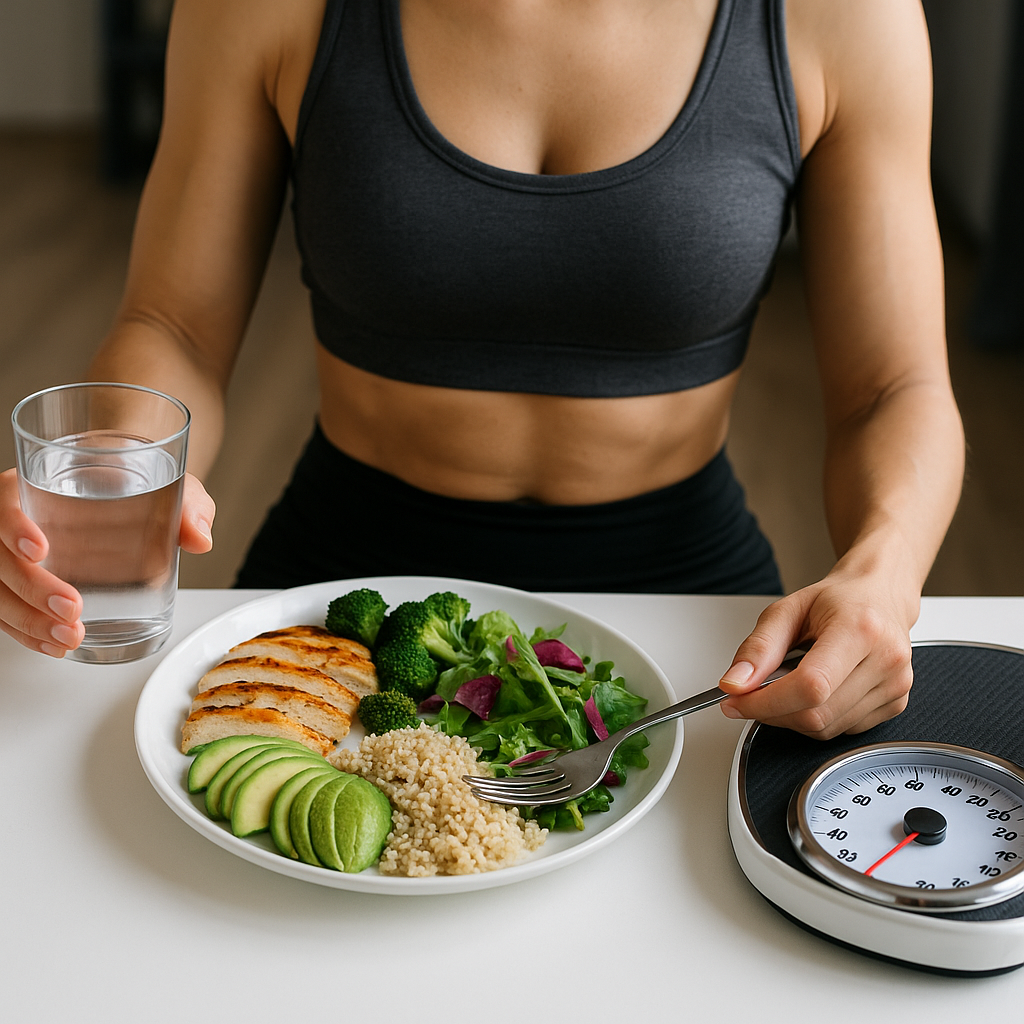건강한 다이어트 식단을 준비하여 물과 함께 먹을 준비를 마친 여자의 모습