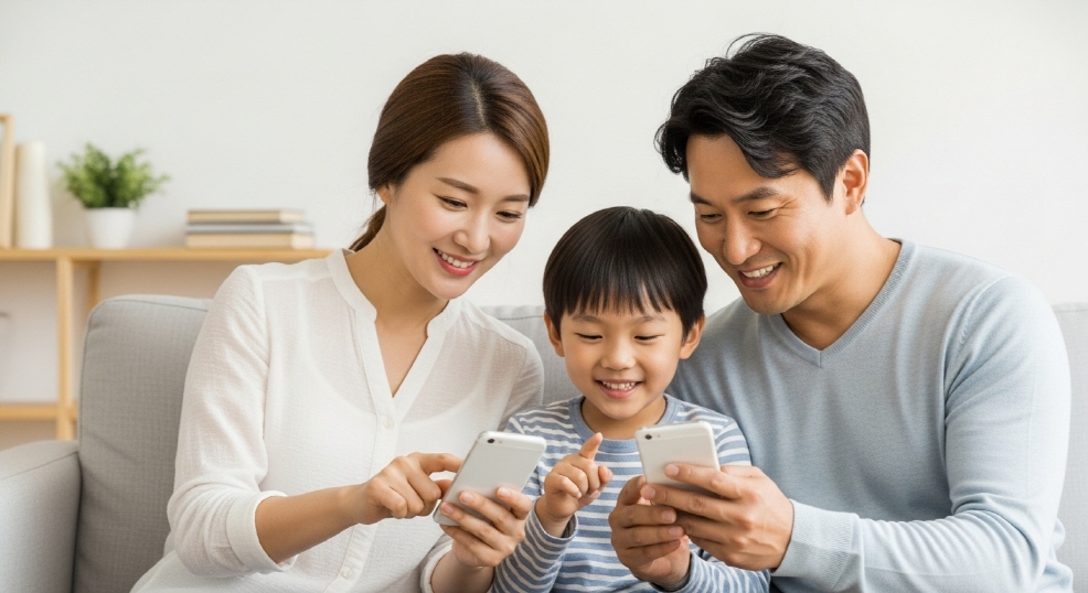 부모와 아이가 함께 스마트폰을 보며 신청 완료 후 기뻐하는 모습