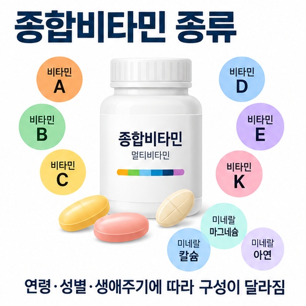 여러 색상의 비타민 정제와 미네랄 아이콘을 배경으로 종합비타민 종류라는 글자가 중앙에 놓인 영양제 안내 인포그래픽