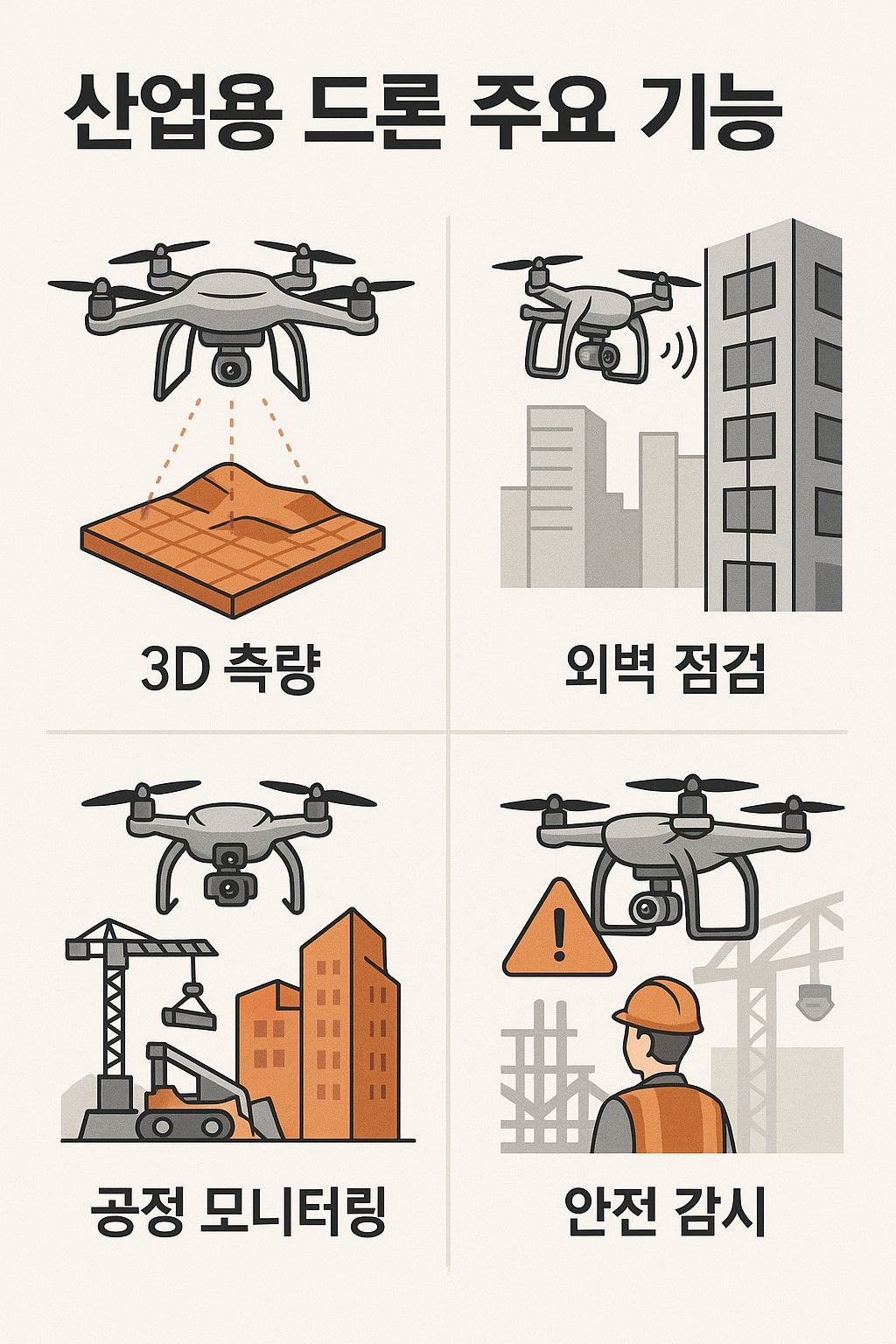 산업용 드론 주요 기능: 3D 측량, 외벽 점검, 공정 모니터링, 안전 감시