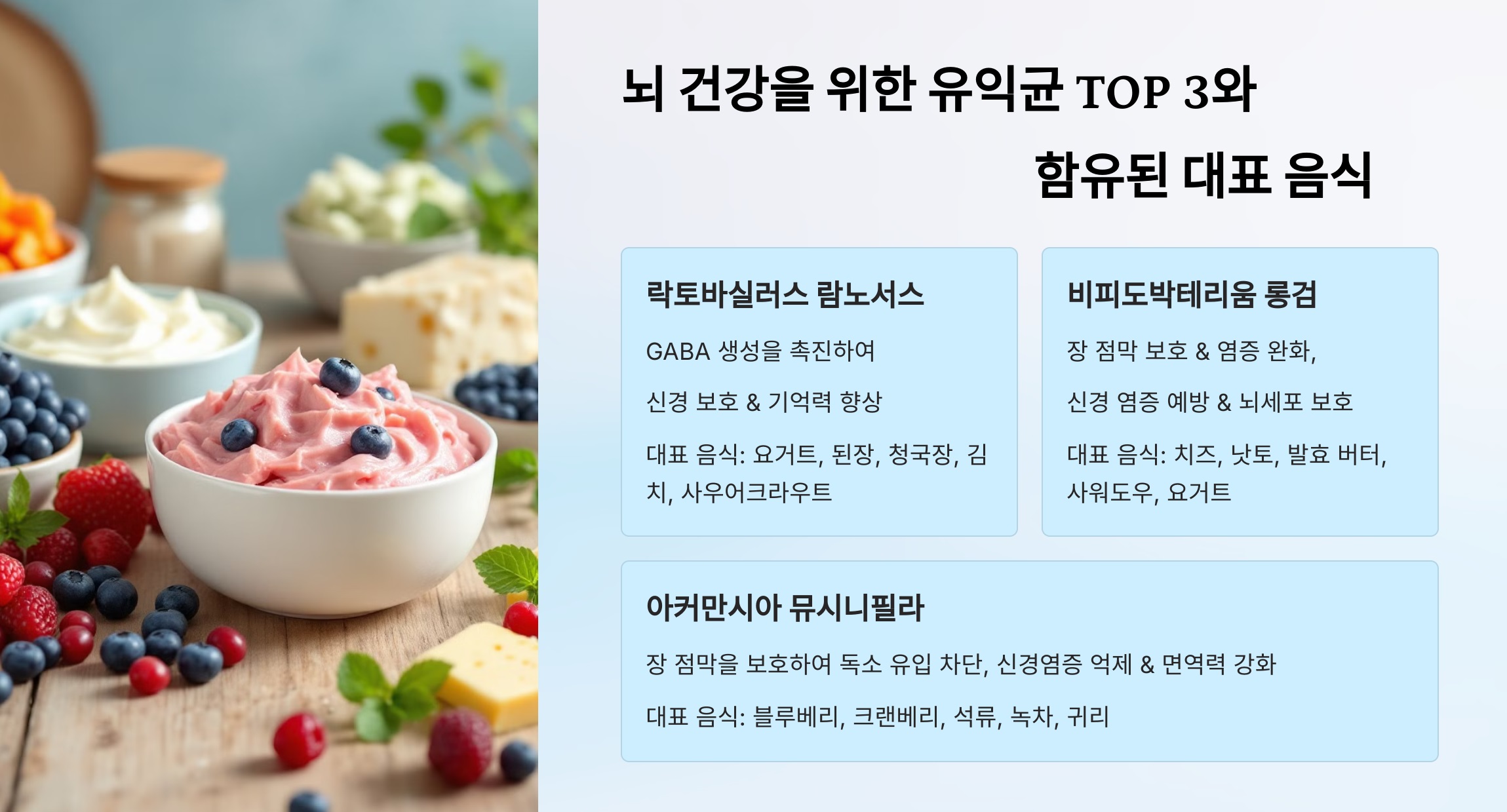 뇌 건강 유익균 3종과 식품 예시를 정리한 이미지 표