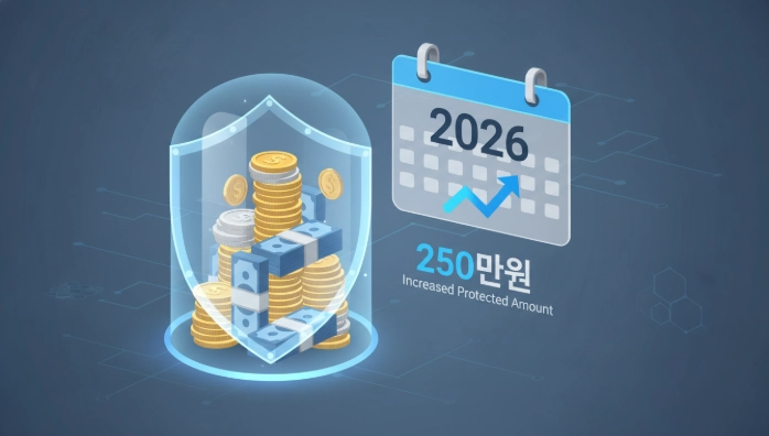 2026년 상향된 압류금지 금액 250만 원을 상징하는, 보호막으로 둘러싸인 동전과 지폐 디지털 일러스트