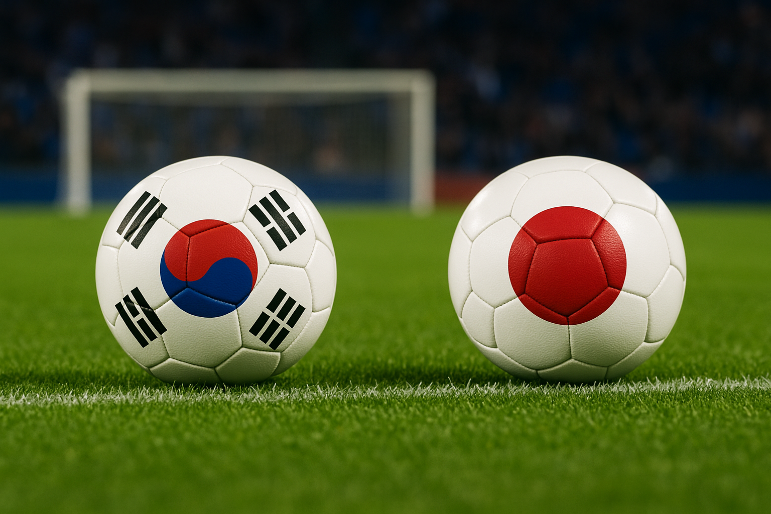 "2025 한일 축구 국가대표 평가전 – 대한민국과 일본 국기가 새겨진 축구공이 경기장 잔디 위에 놓인 모습"