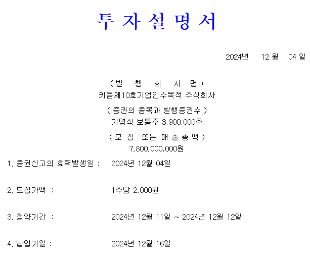 키움스팩10호 공모가