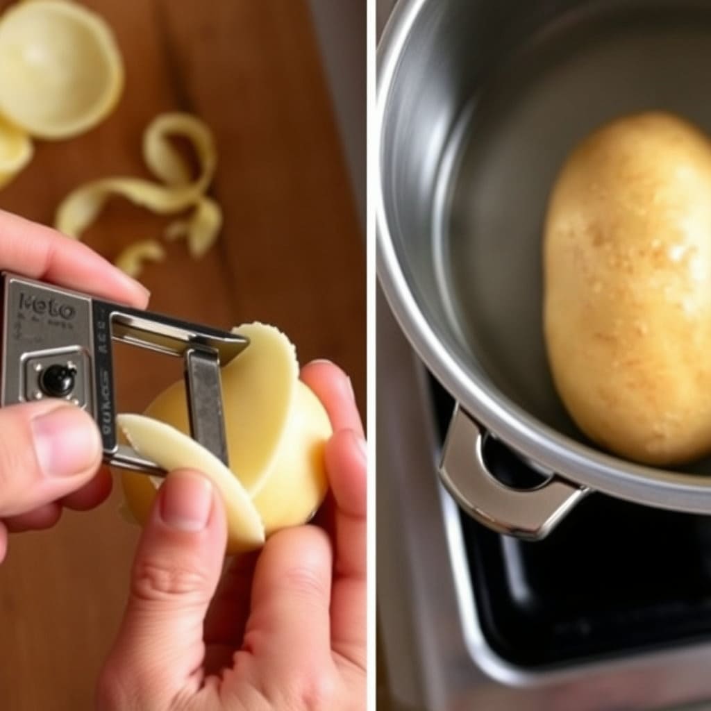 감자칼을 이용해 감자 껍질을 얇게 벗겨내는 손의 모습입니다. (만약 껍질째 삶는 방법을 다루신다면, 껍질이 깨끗하게 씻긴 감자가 냄비 옆에 놓여 있는 모습으로 대체할 수 있습니다.)