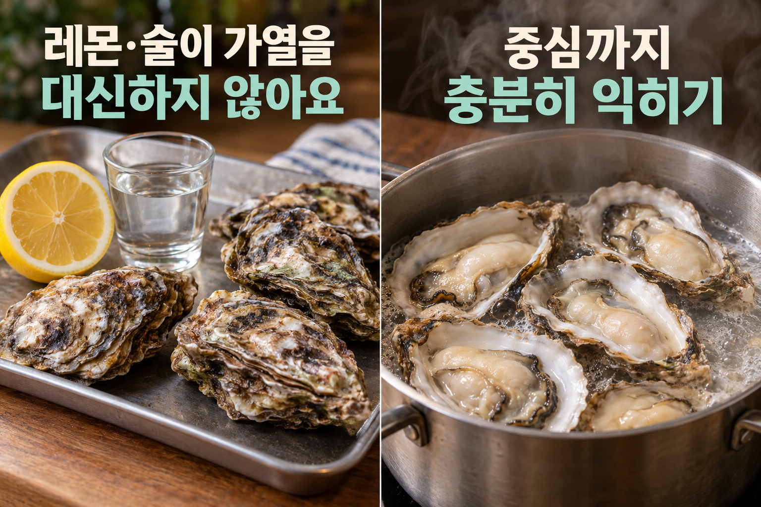 레몬&middot;술을 곁들인 준비 장면과 충분히 가열하는 장면을 구분.