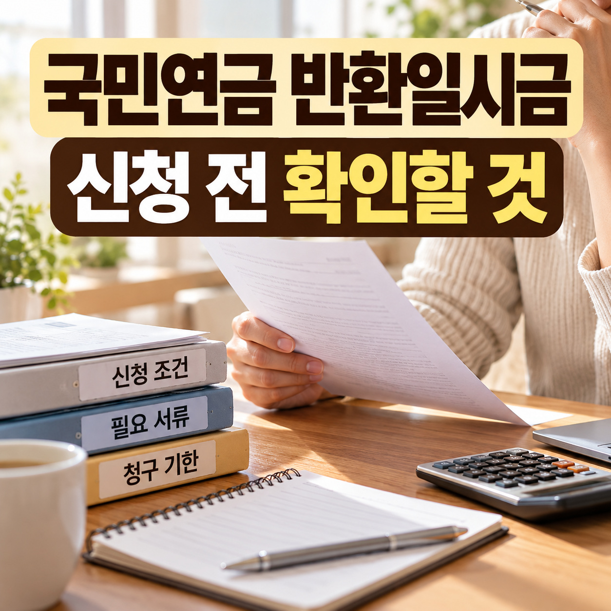 계산기와 서류철이 놓인 상담 책상 위에 국민연금 반환일시금 신청 안내 문구가 보이는 대표 이미지