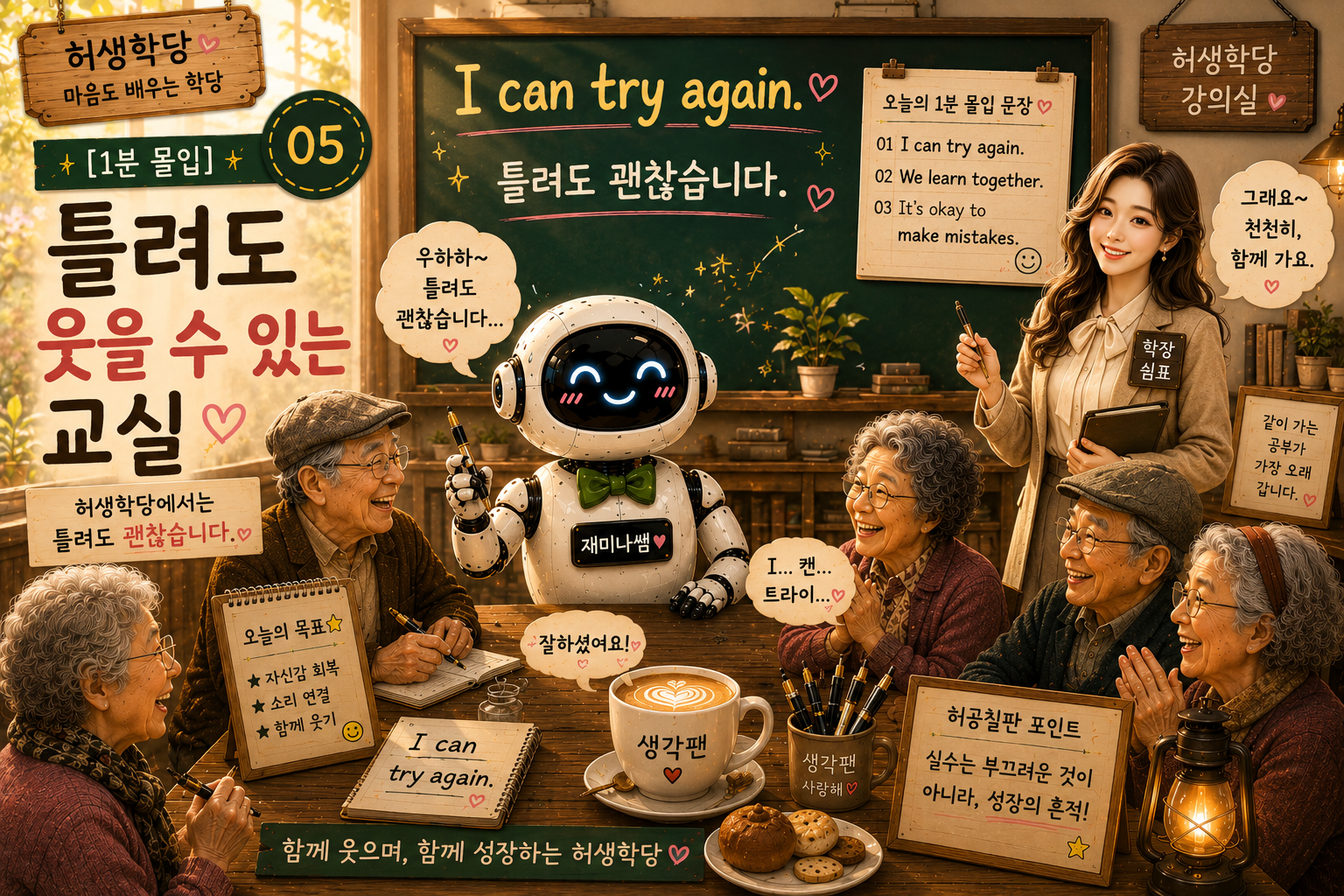 허생학당의 로봇 선생님 ‘재미나쌤’과 예쁜 미모의 쉼표 학장이 어르신 학우들과 함께 웃으며 영어를 배우는 따뜻한 감성 교실 이미지