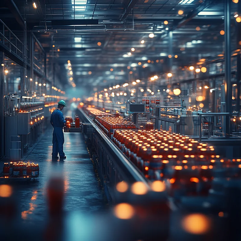 2025년 콜라 제조 공장에서 친환경 패키징과 디지털 마케팅 기술을 적용해 지속가능한 생산, 환경 보호, 브랜드 혁신이 조화를 이루는 모습을 강조