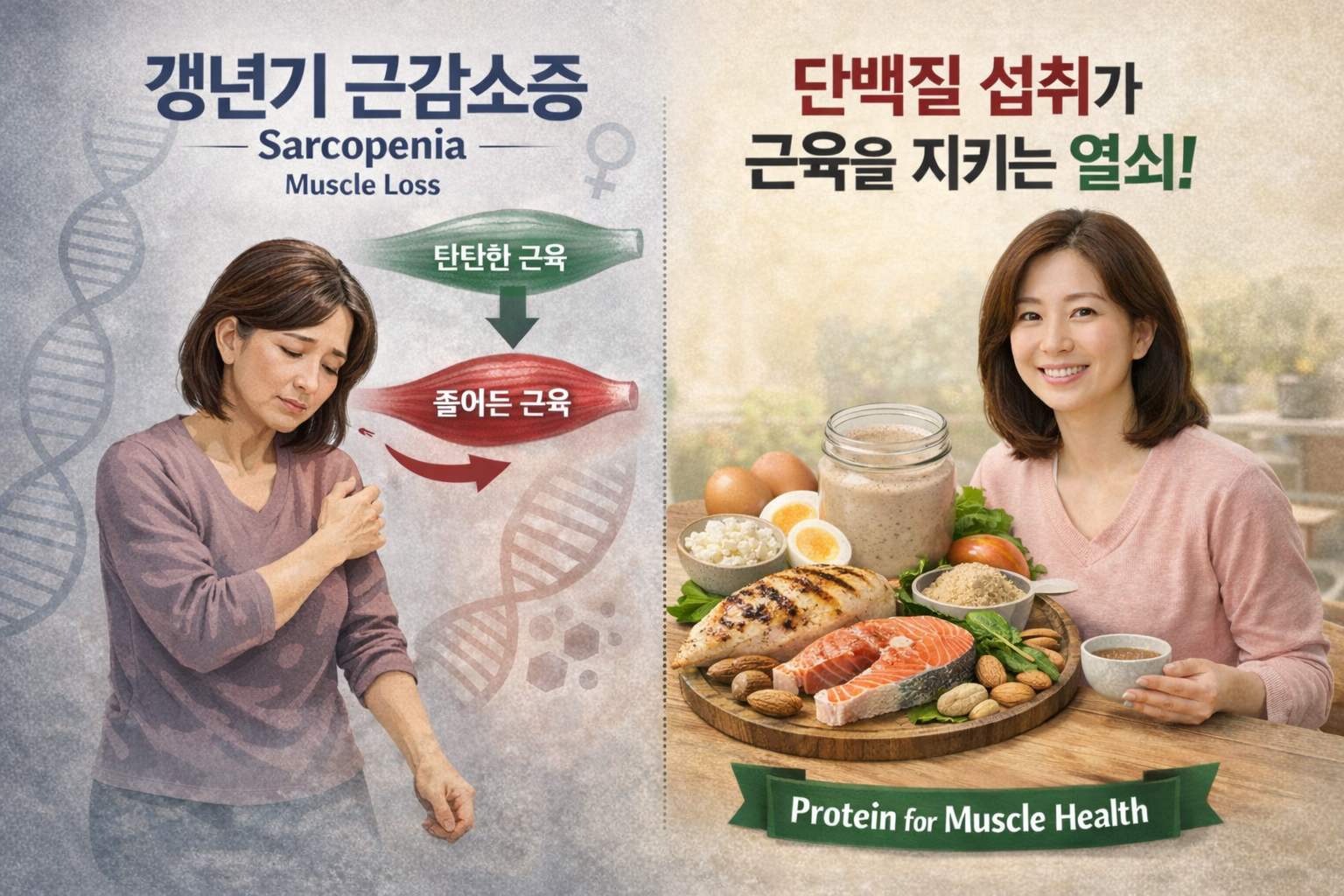 갱년기 근감소증 예방을 위해 단백질 식단을 실천하는 중년 여성 이미지
