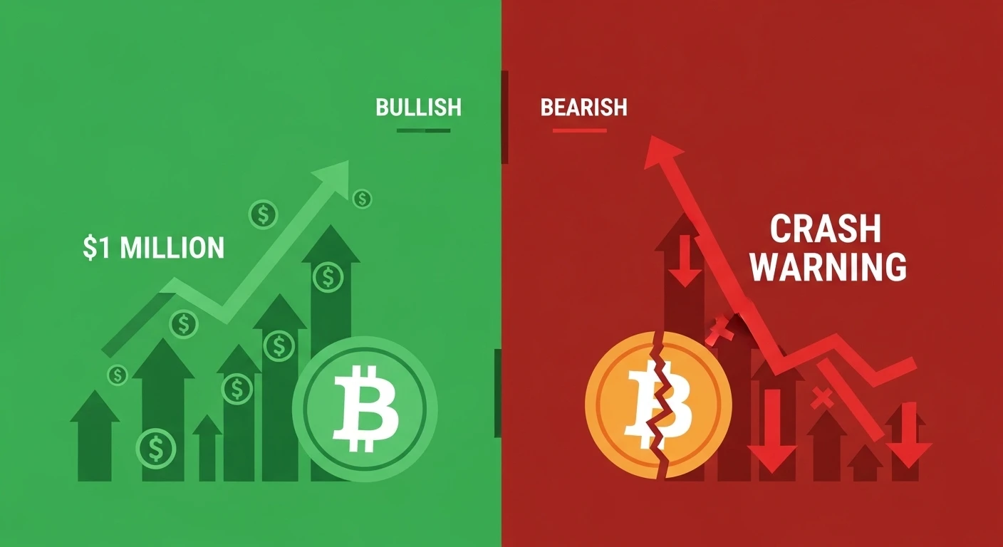 비트코인 낙관론과 비관론 가격 전망을 대비시킨 인포그래픽