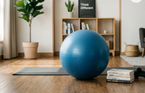 700리터의 비움으로 확보된 거실 공간에 놓인 운동용 짐볼