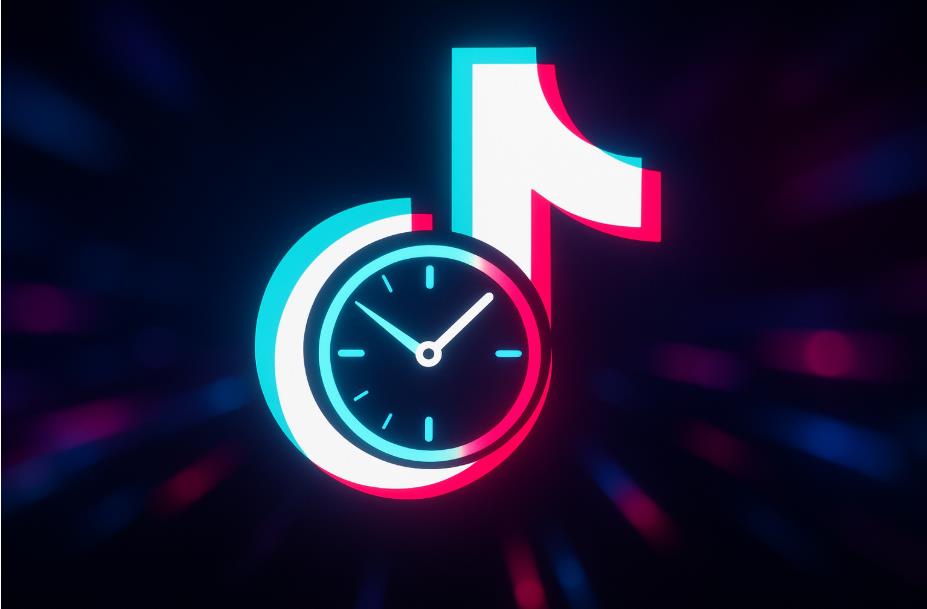 네온 톤으로 강조된 틱톡 시계 로고 클로즈업 이미지